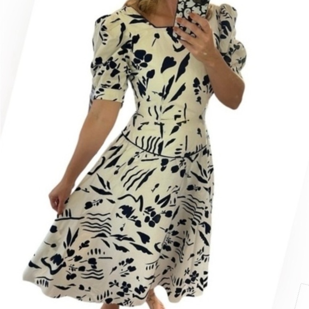 Vintage 80s Puff Sleeve Midi Dress Womens Size Medium
